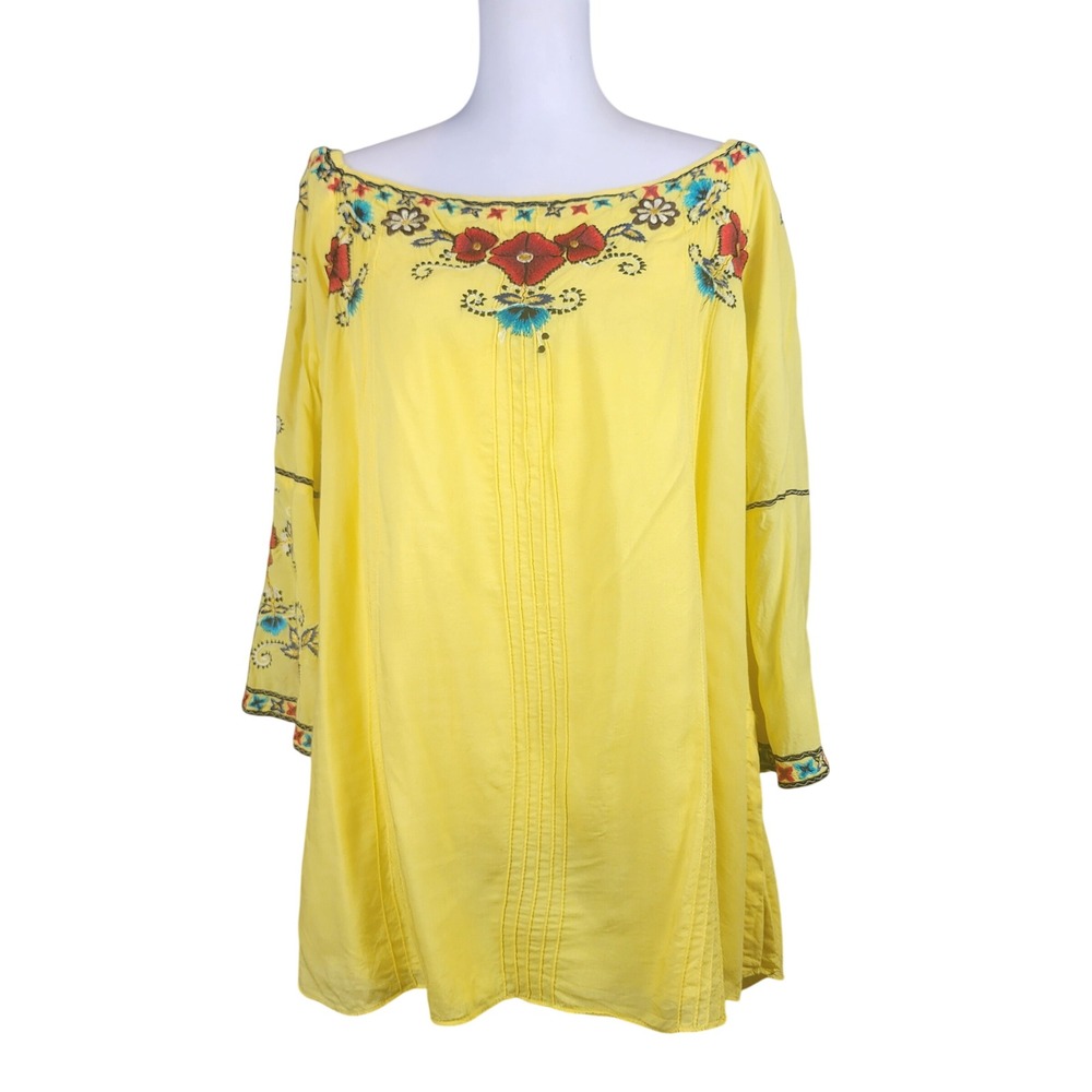 Vintage Collection Tunic Top Women XL Yellow Embroidered Floral Bell Sleeve Boho